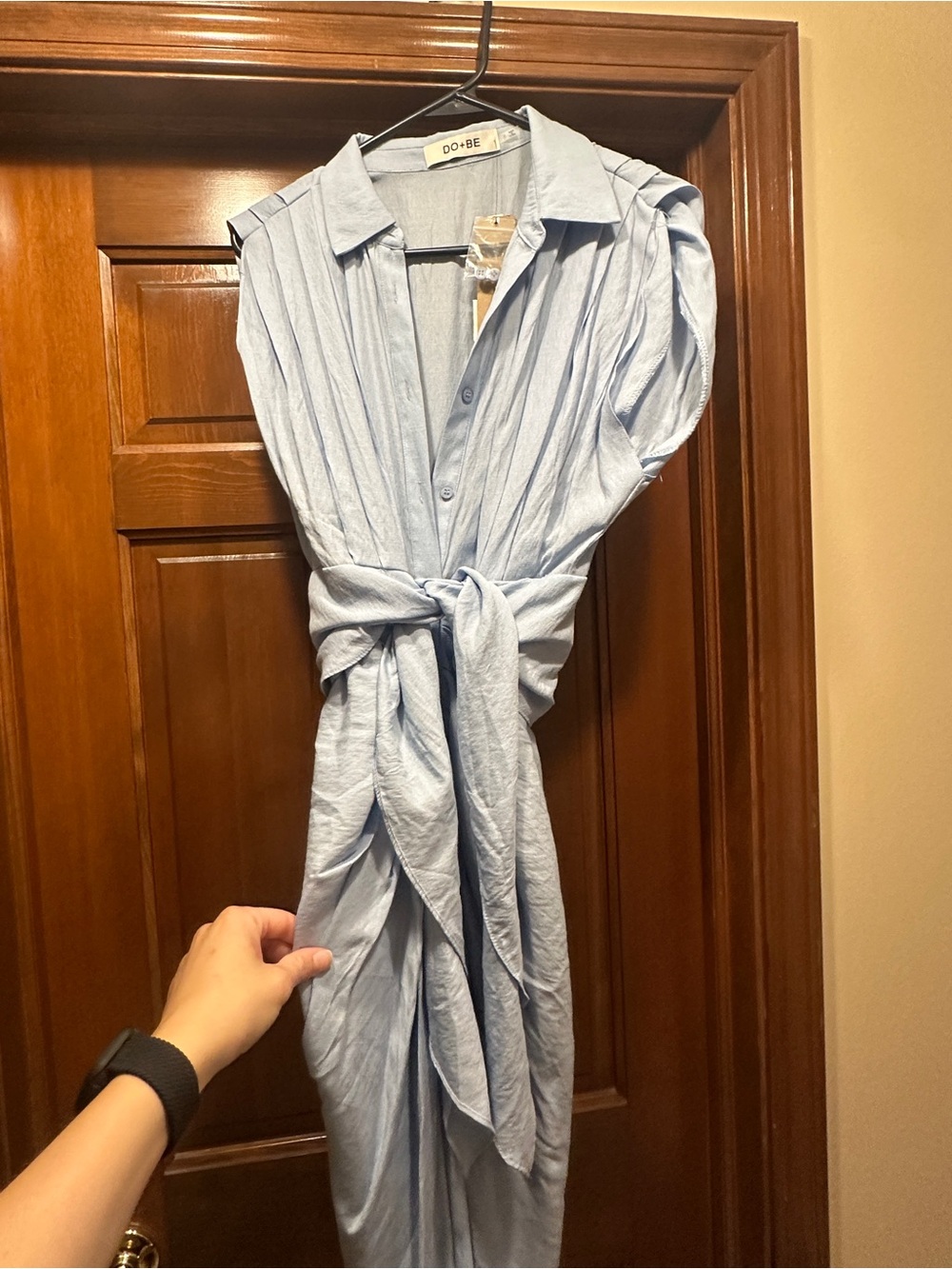 DO+BE Sky Blue Sleeveless Button-Front Tie-Waist Midi Dress